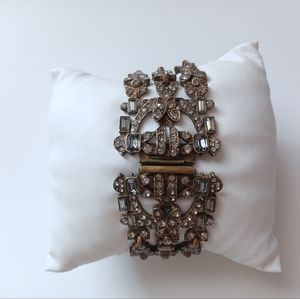 Vintage Sweet Romance Bronze Tone 3 Strand Rhinestone Crystal Wide Cuff Bracelet